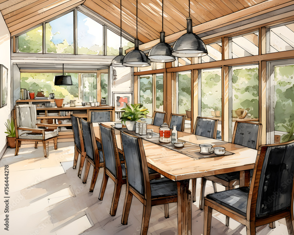 Stylish interior design of a dining room in a family background. Large glass windows to the garden in the interior of the dining room. Drawing in watercolour colours.