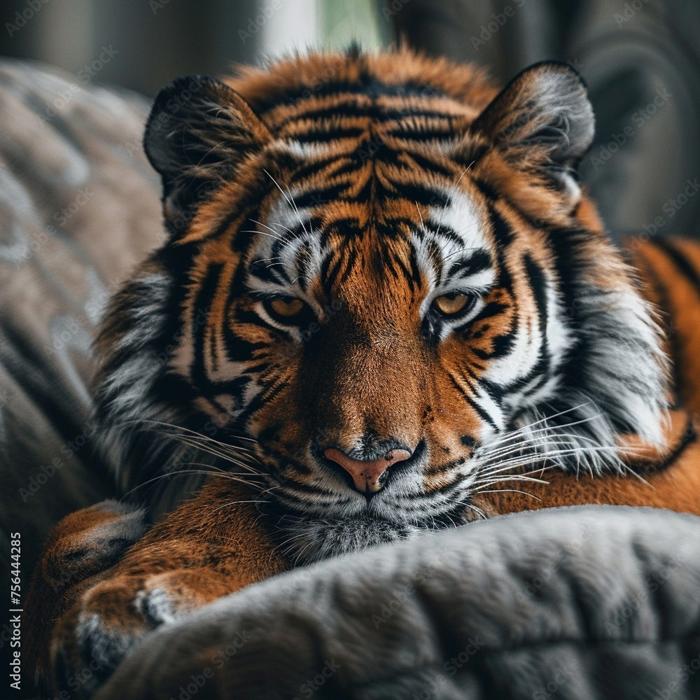 Fototapeta premium A close view of a tiger lying down comfortably on a bed, showcasing its powerful presence and distinctive fur patterns.