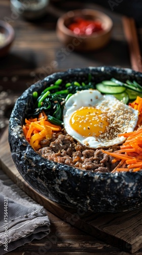 A vibrant bowl of Bibimbap, a Korean mixed rice dish, topped with colorful vegetables, beef, and a fried egg.