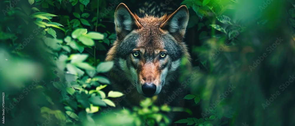 A wolf standing amidst lush greenery with copy space for text A wolf standing amidst lush greenery with copy space for text