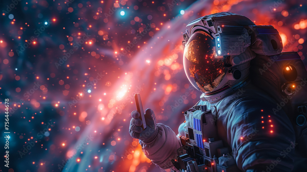 An astronaut highlighted by vibrant cosmic lights, evoking a scene of discovery and the beautiful chaos of space An astronaut highlighted by vibrant cosmic lights, evoking a scene of discovery and the beautiful chaos of space