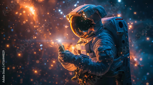 Dramatic portrait of an astronaut using a smartphone, surrounded by abstract galactic lights and a cosmic environment