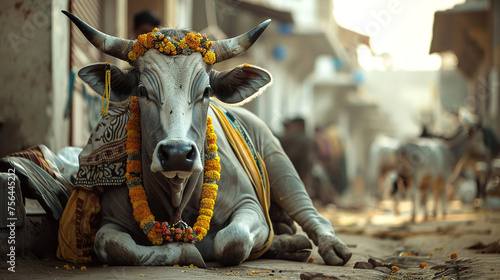 Sacred cow in India.  © Vika art