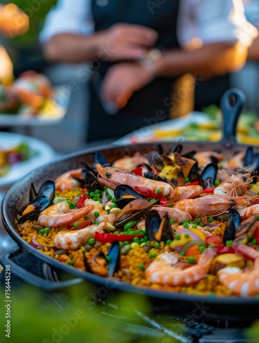 Delicious seafood paella with shrimp, mussels, and vegetables served in a black pan on a well-set table.