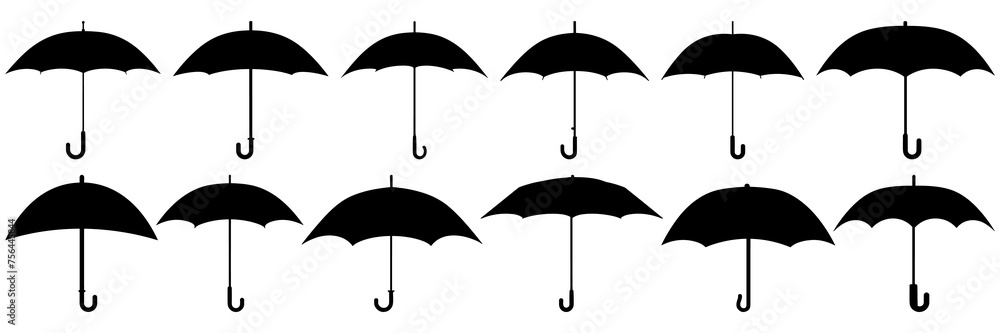 Umbrella rain silhouettes set, large pack of vector silhouette design, isolated white background