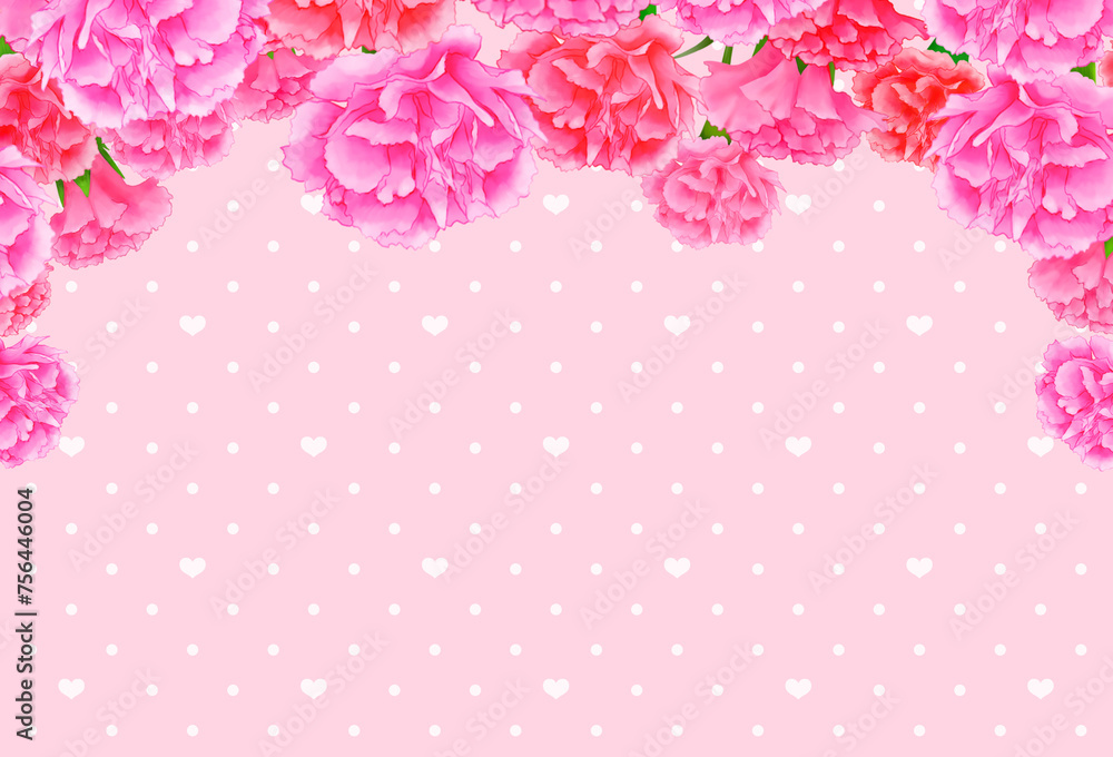 Fototapeta premium カーネーションのフレーム背景 素材 飾り枠 見出し タイトル 表紙 ブーケ メッセージカード ポスター ギフト 水玉 ドット おしゃれ