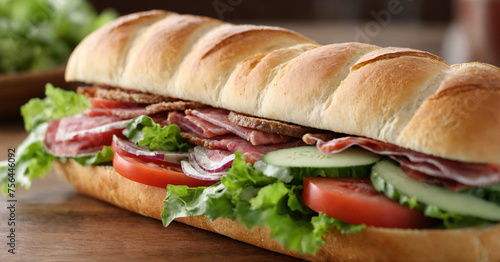 Mouthwatering hoagie sandwich filled with fresh vegetables, deli meats, served on wooden table. photo