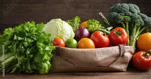 Brown paper bag filled with assorted fresh vegetables  ideal for grocery shopping or healthy food concepts.