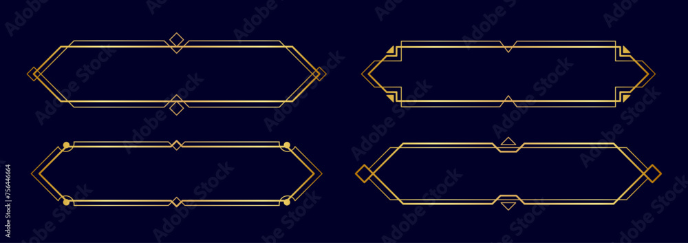 Art deco frames, golden elegant antique borders, decorative game buttons or labels isolated on dark background. Vector illustration.