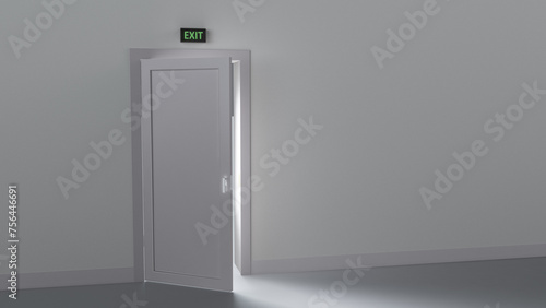3D illustration а bright light shines from a slightly open door in the darkness. 