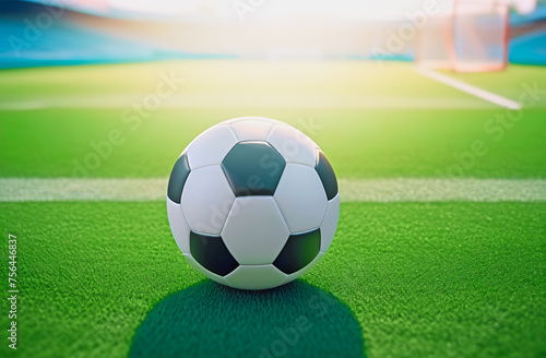 Soccer ball close-up lying on a football field