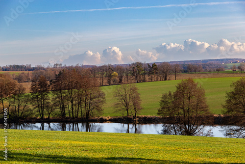 Scenic landscape with fields and river early spring