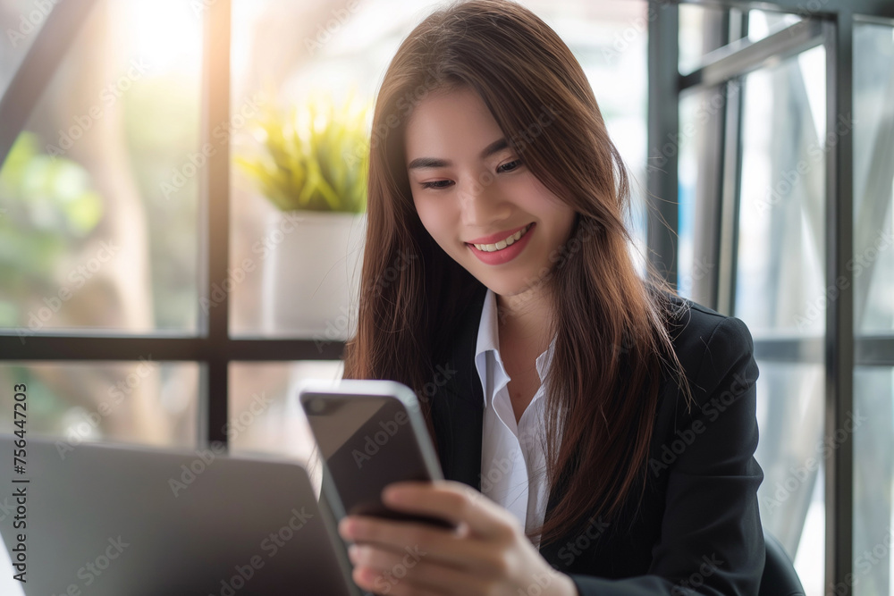 Young smiling asian businesswoman using and looking at mobile phone during working on laptop computer at modern office. Business woman in business suit online working and using smartphone