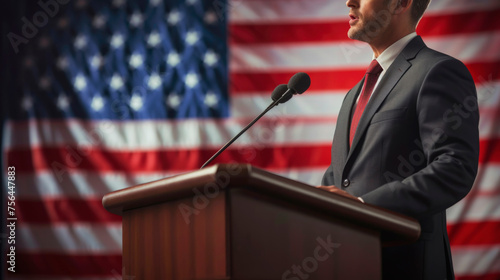 Businessman or politician making speech from behind the pulpit with national flag on background - United States