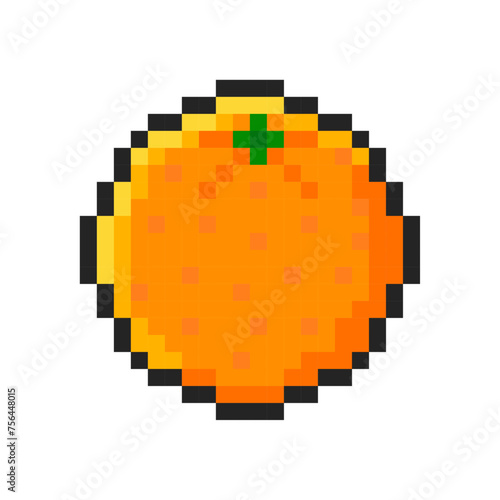 Pixel orange isolated on white background. Pixelated sticker. Slot machine or video game item. Fruit icon. Vector pixel art illustration in 8 bit old style.