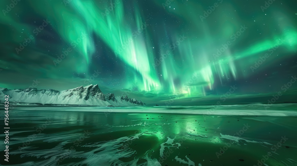 Green Aurora Borealis in the Night Sky above Iceland Beach. Magnificent Landscape of Northern Lights and Space Astronomy on Display