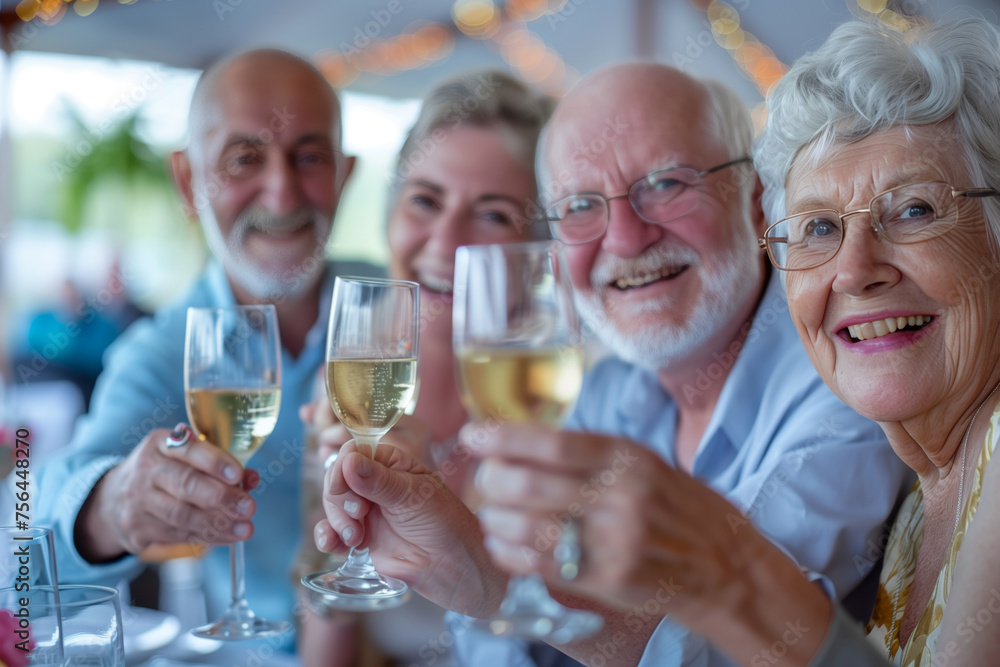 A group of older people are smiling and holding up their wine glasses in a toast A group of older people are smiling and holding up their wine glasses in a toast