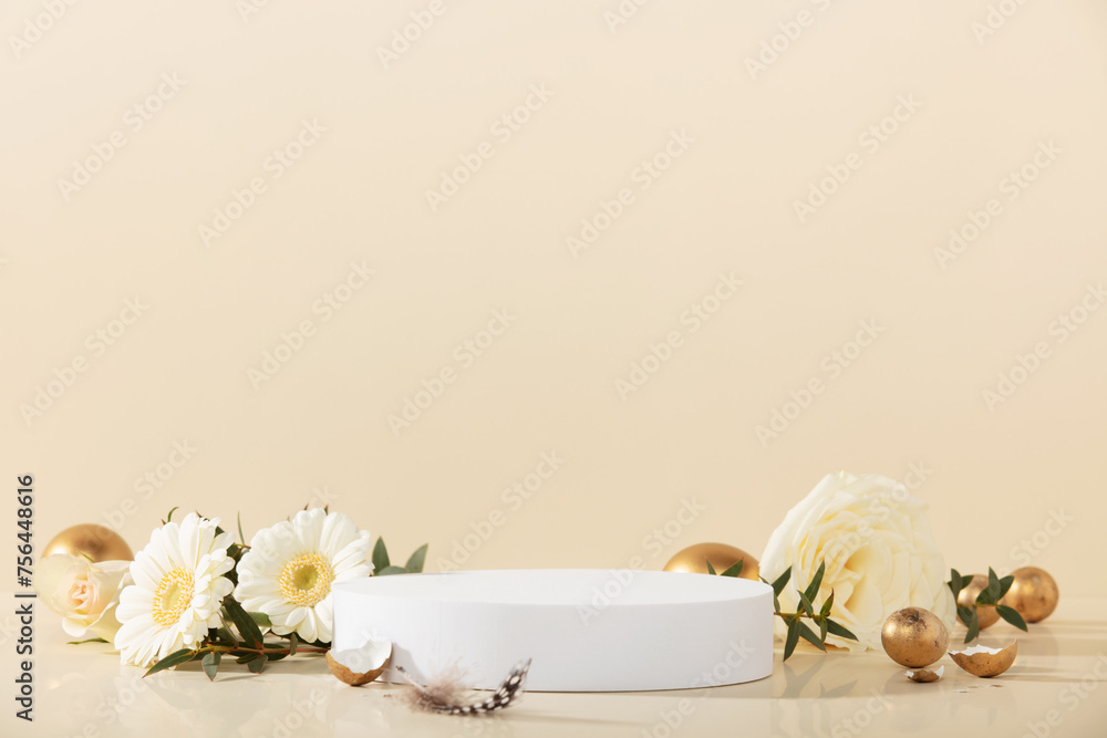 Empty round podium, easter gold eggs with spring flowers on a yellow background Empty round podium, easter gold eggs with spring flowers on a yellow background