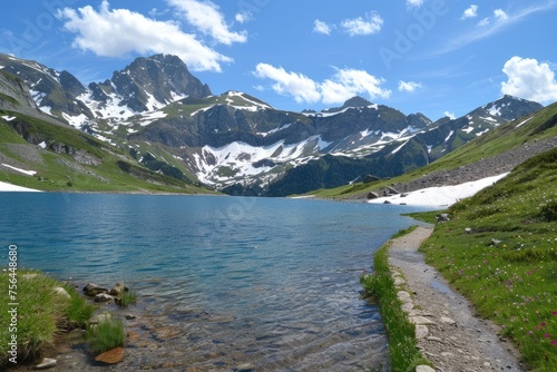 Heavenly Landscape of Lac de Roselend in French Alps: Stunning Mountain View with Snow-Capped Peaks and Crystal Clear Lake Water