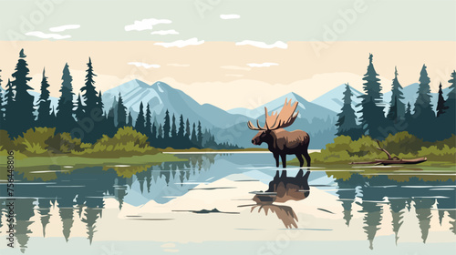 A solitary moose standing by a mountain lake 