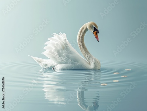 Elegant swan floating amid coins on a serene lake blue background, ideal backdrop for luxury brand sales messages. photo