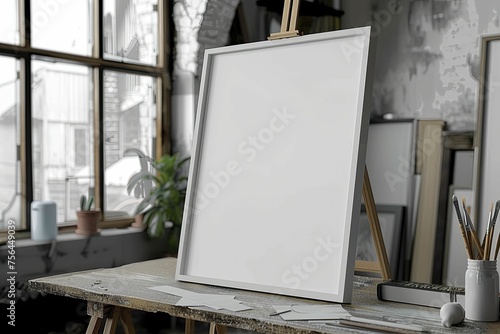 Loft gallery backdrop features a white poster frame for art prints or exhibition ads.