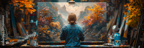 Artist Painting a Vibrant Autumn Landscape in Studio