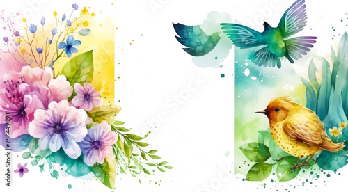 Colorful watercolor background with flowers and birds. For banner, poster, easter and spring greeting cards. Generative AI