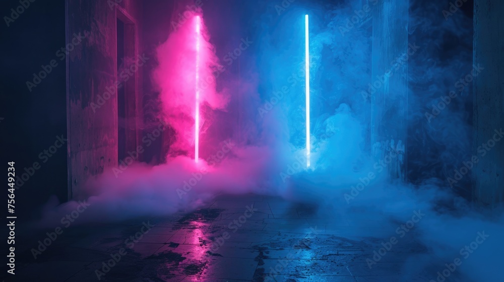 Neon Blue and Pink Abstract Dark Background with Smoke in Empty Basement Club Scene