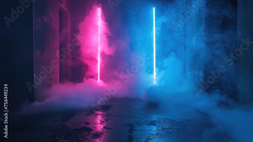 Neon Blue and Pink Abstract Dark Background with Smoke in Empty Basement Club Scene