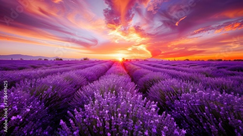 Lavender Field Landscape at Sunset. Stunning View with Dramatic Sky and Vibrant Purple Colors at Dusk
