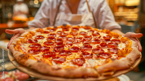 A professional cook with a warm smile offering a delicious pizza topped with fresh ingredients.