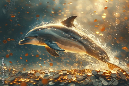 A lively dolphin leaps over a shimmering ocean of coins against a vivid turquoise backdrop, perfect for captivating banking promos.