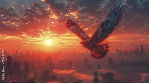Vigilant hawk glides over skyscrapers and coins against dawn sky for ambitious business consulting services.
