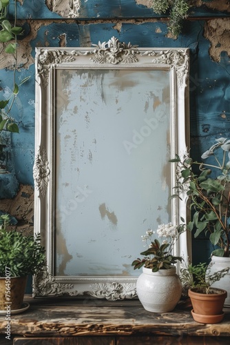 Vintage antique shop background with a white poster frame mockup, close up for unique home decor online shopping.