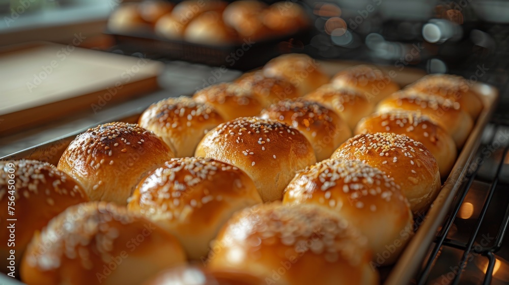 baking sheet with raw buns in oven baking sheet with raw buns in oven
