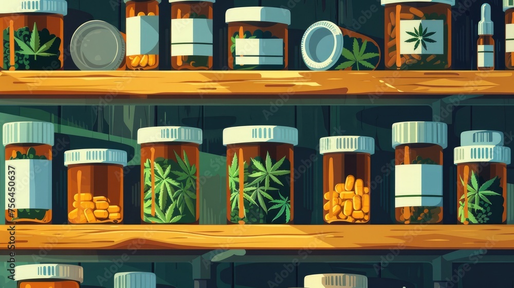 Medicinal Cannabis Products and Pills. A collection of medication bottles and pills, with prominent cannabis leaf symbols, showcasing the integration of cannabis in modern medicine