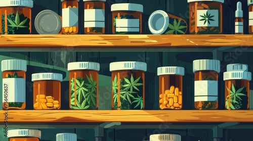 Medicinal Cannabis Products and Pills. A collection of medication bottles and pills, with prominent cannabis leaf symbols, showcasing the integration of cannabis in modern medicine