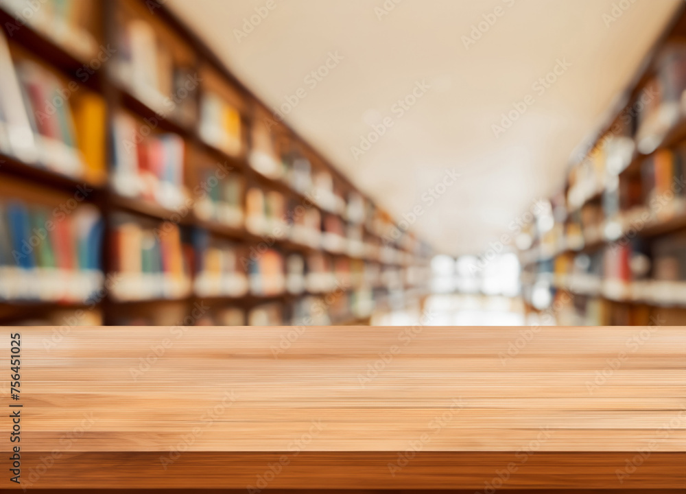 Empty wooden table and blurred modern library