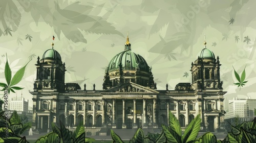 Parliament or governmental building with symbols of medical marijuana legalization, cityscape with a foreground of cannabis leaves