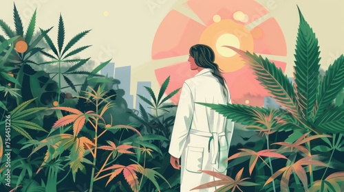 A conceptual image of a doctor in a white coat, symbolizing the medical authority, amidst lush cannabis plants, representing the embrace of plant-based medicine, medical marijuana legalization