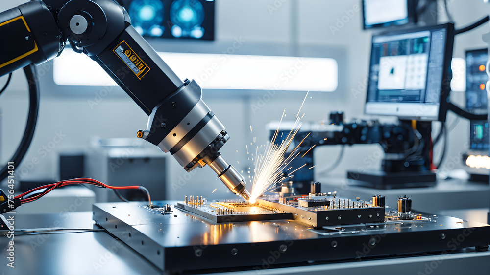 robotic arm in closeup, soldering precisely on a complex circuit robotic arm in closeup, soldering precisely on a complex circuit