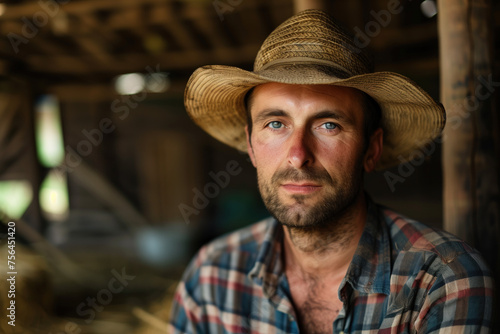 Portrait of a farmer thinking about his harvest. Long exposure in the background. Created with Generative AI technology.