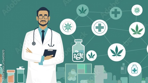 A conceptual image of a doctor in a white coat, symbolizing the medical authority, amidst lush cannabis plants, representing the embrace of plant-based medicine, medical marijuana legalization