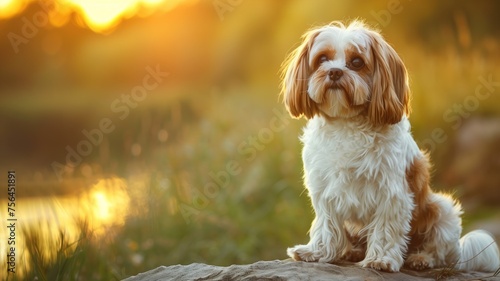A Shih Tzu dog sitting on a rock at sunset with a soft focus background