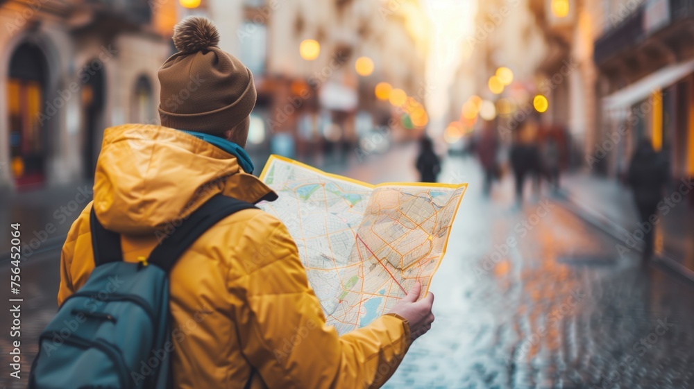 Traveler in a yellow jacket reading a map in an urban setting