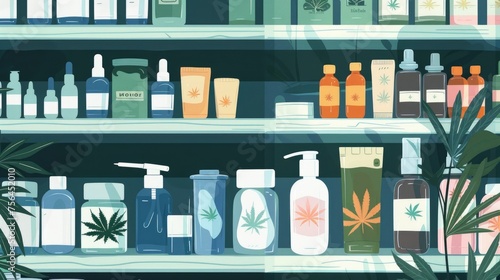 Wallpaper Mural Medicinal Cannabis Products and Pills. A collection of medication bottles and pills, with prominent cannabis leaf symbols, showcasing the integration of cannabis in modern medicine Torontodigital.ca