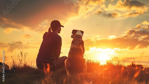 Silhouetted person with a dog watching a vibrant sunset in a field