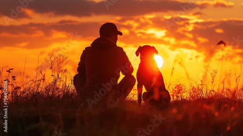 A man and his dog enjoying a serene sunset together in the field