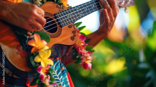 Vibrant ukulele playing in tropical setting with flowers